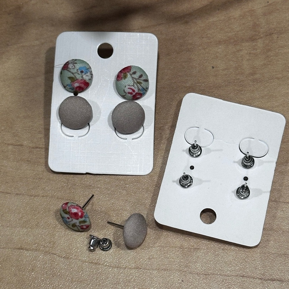 Floral and Beige Button Earrings - Picture 4 of 6